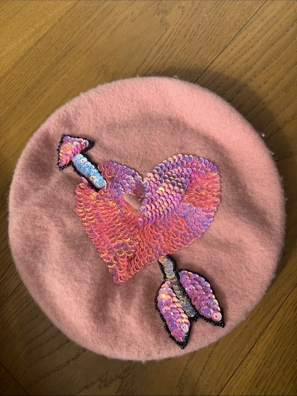 Sequin Heart Arrow Pink Beret - Women Accessories Hat